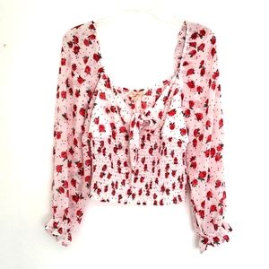 No Frills white crop top with red rose print, long sleeve, large elastic…